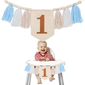 1st Birthday High Chair Banner, Wood Bead Highchair Tassel Banner Boho Style Birthday Photo Backdrop Wall Hangings for Kids Birthday Party Decoration