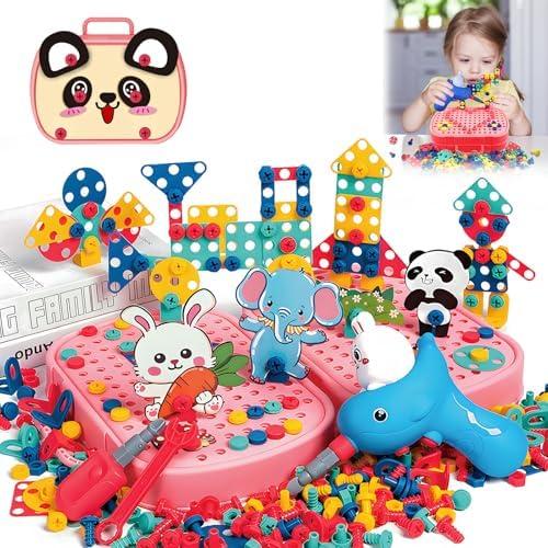 Magic Montessori Play Toolbox with Electric Drill Kids Tool Set for Toddlers 3-5, Design and Drill Screw Toy with Kids Tool Box with Real Power Tools, Gift Toys for Boys and Girls Ages 4-6 (Pink)