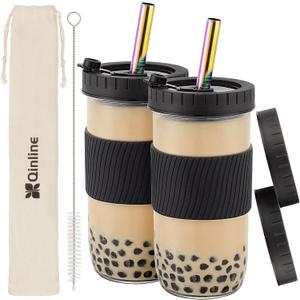 Reusable Glass Mason Jars Cups with Lids and Straws Silicone Sleeves, 2 Pack 24Oz Wide Mouth Smoothie Cups Glass Bubble Tea Cup Leakproof drinking glasses Travel Tumbler for Large Pearl Birthday Gifts (Black)