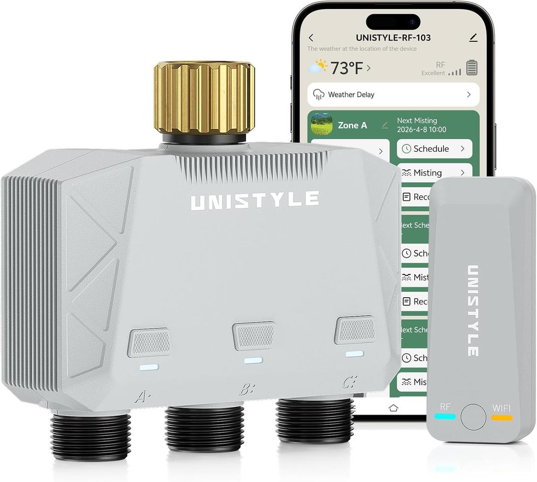 [All-New 2027] 1700FT WiFi Sprinkler Timer 3 Zone with Brass Inlet, Unistyle Smart Hose Timers Compatible Alexa & Google Voice, Water Timer for Garden Hose with Auto & Manual Modes for Garden Lawn