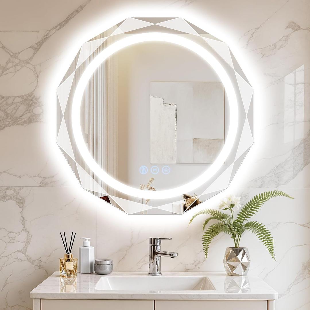 28 Inch Round LED Bathroom Mirror with Lights, Frameless Vanity LED Mirror for Bathroom with Beveled Edge, Backlit Anti-Fog, Dimmable, 3 Colors, Memory Function, Tempered Glass, Shatter-Proof