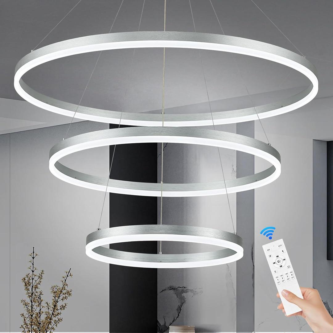 D31.5 3 Rings Modern LED Chandelier Silver Dimmable LED Pendant Light with Remote Control Circular Flush Mount High Ceiling Light for Dining Room Living Room Bedroom Foyer(3000K-6500K, H71)