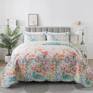 HoneiLife Quilt Sets Queen Size - Floral Quilt 3-Piece, Botanical Bedspreads Wildflower Coverlets for Queen Bed, Microfiber Bed Cover, All Season Quilts-Coral Pink (Queen/Full-90"x 96")