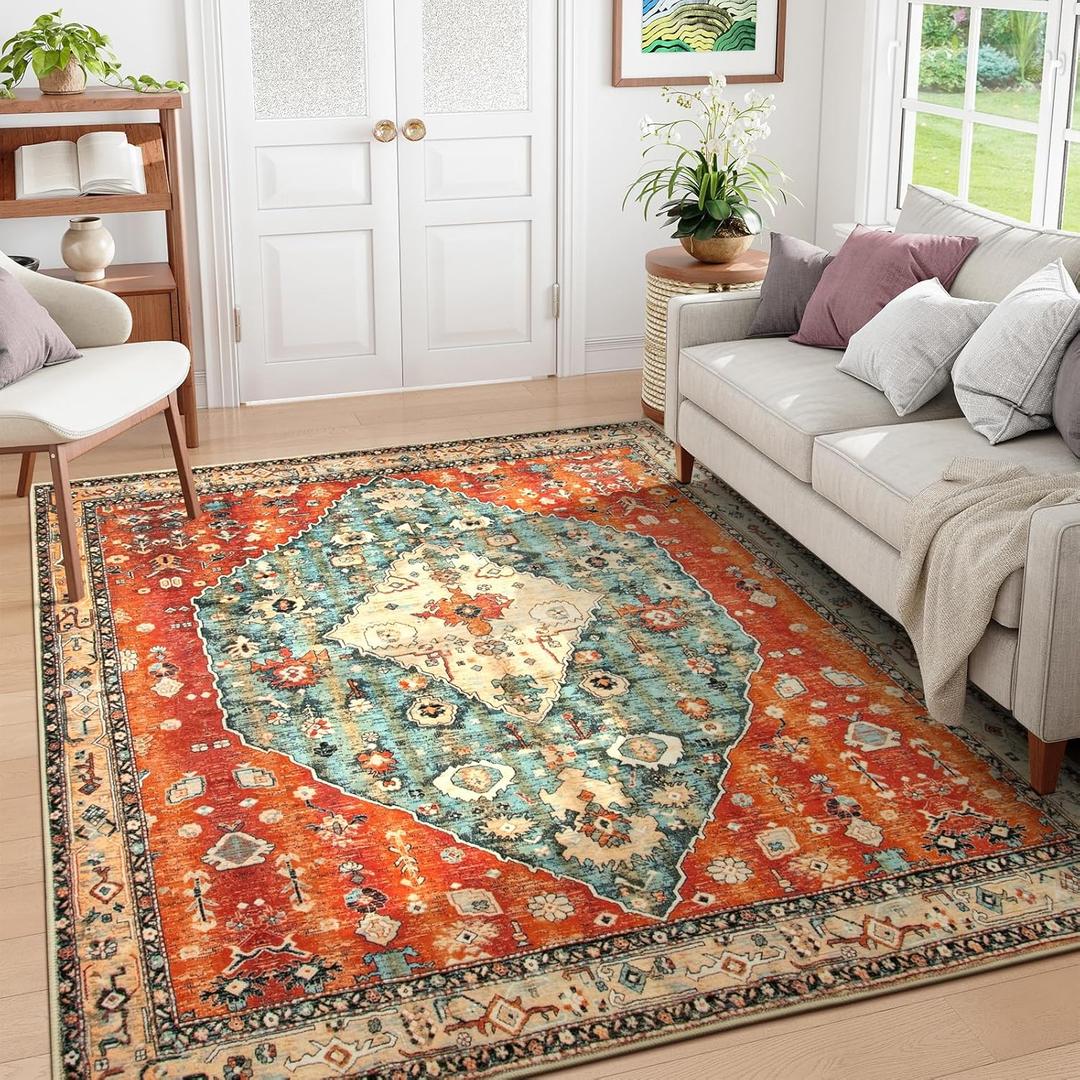 Lahome Boho Tribal Square 8x8 Area Rug, Washable Rugs for Living Room Soft Carpet for Bedroom, Oriental Distressed Indoor Stain Resistant Non-Shedding Floor Carpets for Dining Room Office Playroom