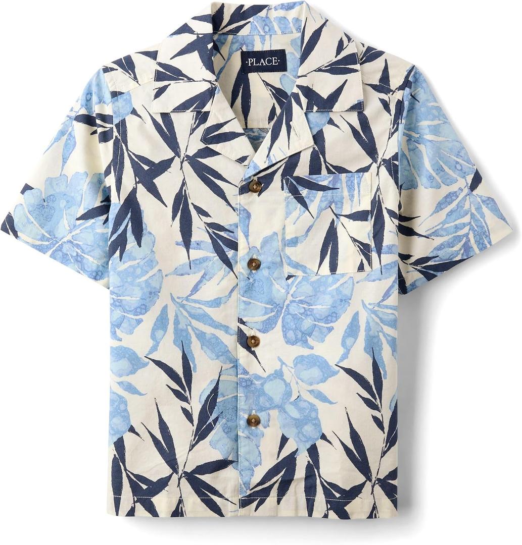 The Children's Place, Boys, Short Sleeve Button Down Shirt, Pearl Blue Tropical, XX-Large