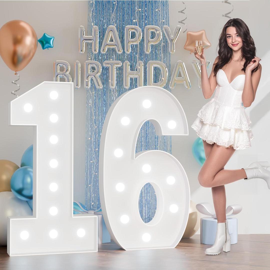 Marquee Numbers 4 Feet Tall: Large Light Up Numbers for Party Sweet 16 Birthday Decorations Girl Boy Cardboard Anniversary Party Decor Foam Board Stand Sign Backdrop 16
