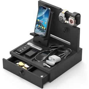 Wood Phone Docking Station, Nightstand Organizer with Drawer, Bedside Table Organizer for Watch & Accessories, Christmas Anniversary Birthday Gifts for Men,Dad,Husband (Classic Black)