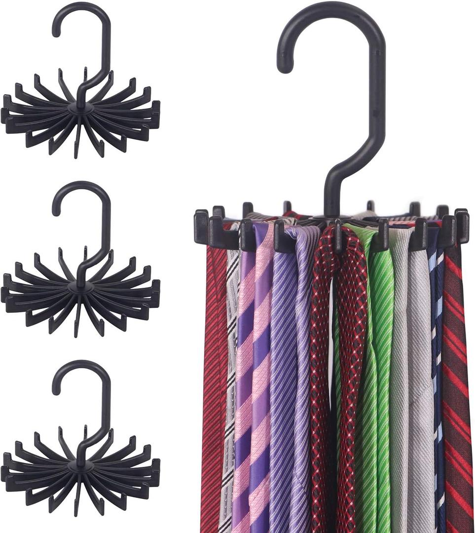 4 Pack Tie Rack Hanger Holder Hooks Organizer for Mens, 360 Degree Rotating Tie Racks, Black