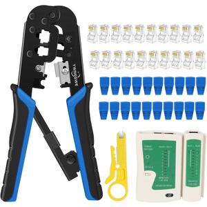 RJ45 Crimping Tool Kit Ethernet Crimp Set, RJ-11, 6P/RJ-12, 8P/RJ-45 Crimp, Cut and Strip with 20PCS CAT5 CAT5e Connectors, Covers,1 Network Cable Tester 1 Wire Stripper