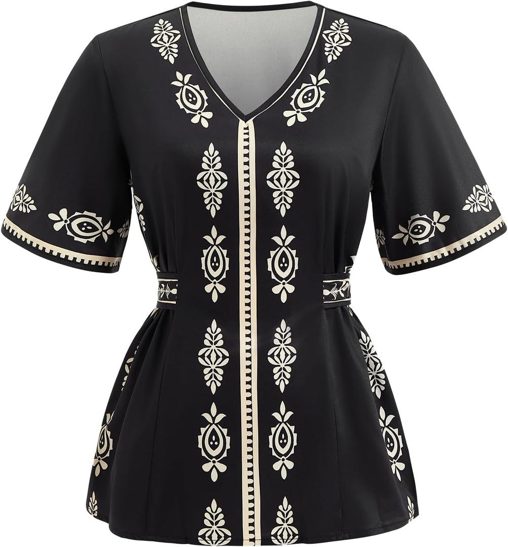 Women's Boho Print V Neck Blouse Elegant Short Sleeve Dressy Casual Tops Black Large