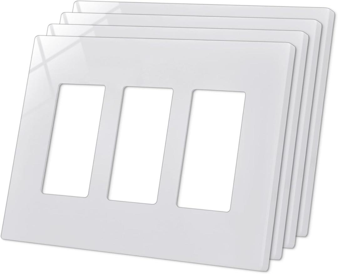 CML 3-Gang Screwless Wall Plate Cover, Mid-Size 4.88" x 6.76", Midway Triple Faceplate Cover for Decorator Receptacle Outlet & Switch, UL Listed, 4 Pack, White