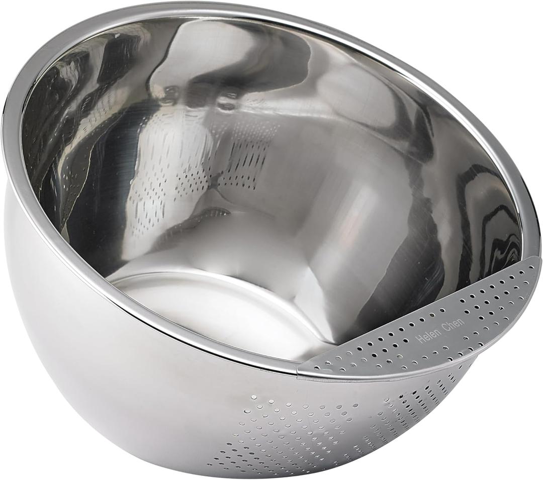 Helen's Asian Kitchen Professional Rice Washing Bowl Stainless Steel Rice Rinser Strainer with Side Drainer, 3-Quart Capacity. Ideal for Quinoa, Rice, Grains, Legumes, Vegetables. Kitchen Essential