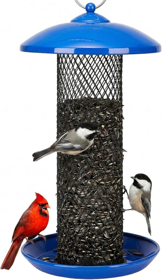 Kingsyard Mesh Tube Bird Feeders for Outdoors Hanging, All Metal, Wild Bird Feeder for Sunflower Seeds or Mealworm, Large Tray & Weatherproof Roof, 2.5 lbs Capacity (Blue)