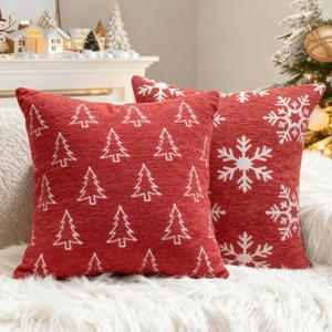 2 Pack Christmas Pillow Covers 18x18, Chenille Double-Sided Snowflake & Christmas Tree Decorative Throw Pillow Cases, Soft Farmhouse Holiday Cushion Covers for Sofa Couch Bed(Red,18x18)