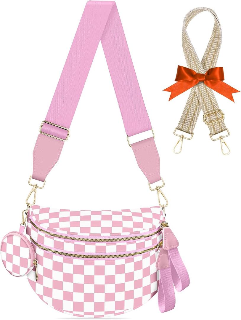 Bum Bags for Women Checkered Crossbody Bag Large Nylon Belt Purse Fanny Packs, Bonus with a Extra Strap