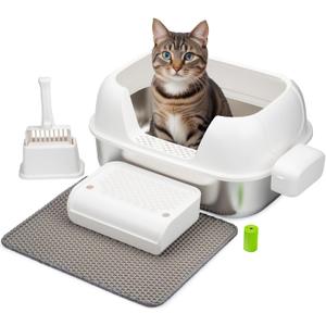 Enclosed Stainless Steel Cat Litter Box with High Sides for Large Cats, Large Litter Box with Lid, Anti Leak, Anti Odor, Non Stick, Easy Clean