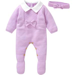 Hadetoto Newborn Baby Sweater Romper Knit Outfits Long Sleeve Jumpsuit with Warm Hat for Infant Boy Girl (0-1 Months/59, Purple-footie)