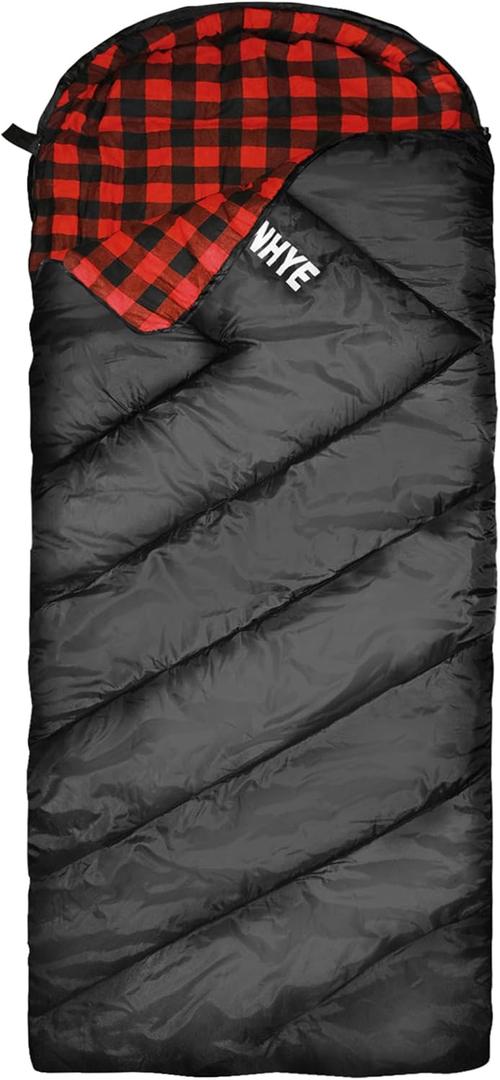 ShinHye 0 Degree Sleeping Bag for Adults - Cotton Flannel 4 Season Cold Weather Winter, XXL Big and Tall Camping Sleeping Bag with Compression Sack (Black1, 90"×35" Right Zip)