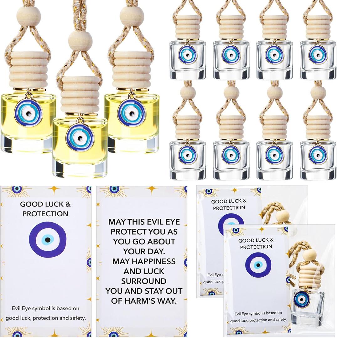Qinyoung 30 Pack Employee Appreciation Gift Hanging Car Air Freshener Diffuser Bottles Empty Bulk Essential Oil Perfume Car Diffuser Pendant Bottle with Evil Eye Charms Gift for Valentines Galentines