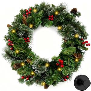 24 Inch Artificial Pre-Lit Christmas Wreath with Suction Cup Hook, Mixed Pine Decorated Frosted Berries, Pinecones, 50 LED Lights, Battery Operated, Holiday Decoration for Front Door, Outdoor