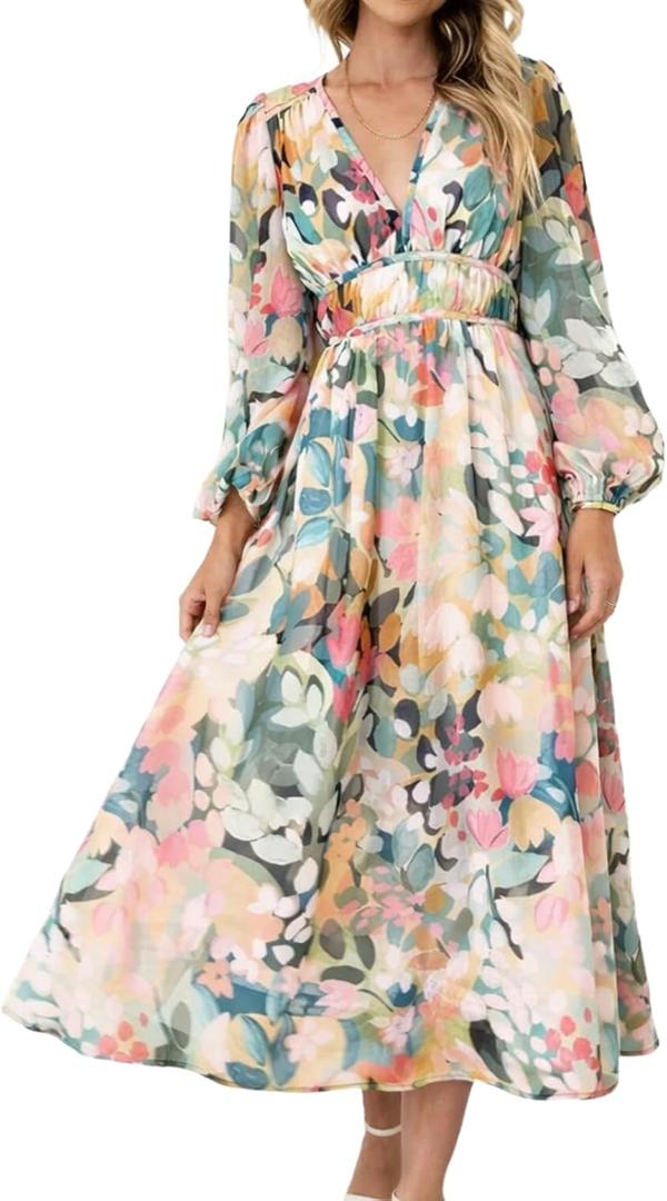 LOZ Women's 2026 Spring Summer Maxi Dresses Long Sleeve V-Neck Puff Sleeve Long Dresses Elegant Wedding Guest Maxi Dress (M)
