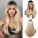 Esmee 24 Inches Long Straight Blonde Wig with Bangs Side Parting Natural Synthetic Hair Ombre Wigs for Women with Dark Roots for Daily Party Cosplay Wear