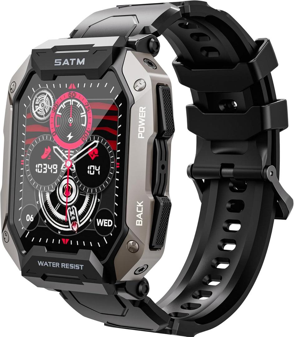 Yihou Tough Smart Watches for Men, Military Rugged Smartwatch 410mAh Long Battery Life with Bluetooth Calls Heart Rate Monitor Survival Fitness Tracker (Black)
