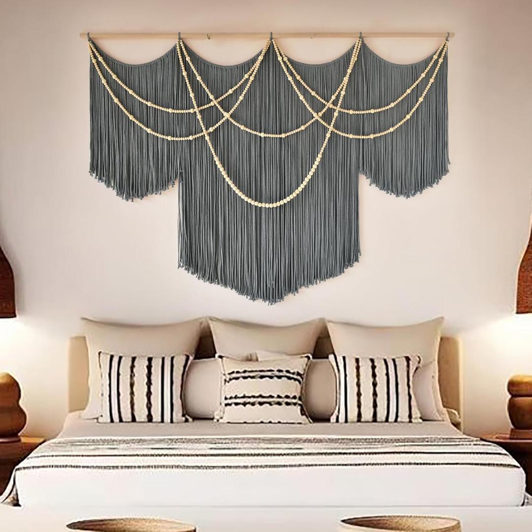Large Macrame Wall Hanging Grey Boho Wall Art Beaded Decor 57"W*39"L