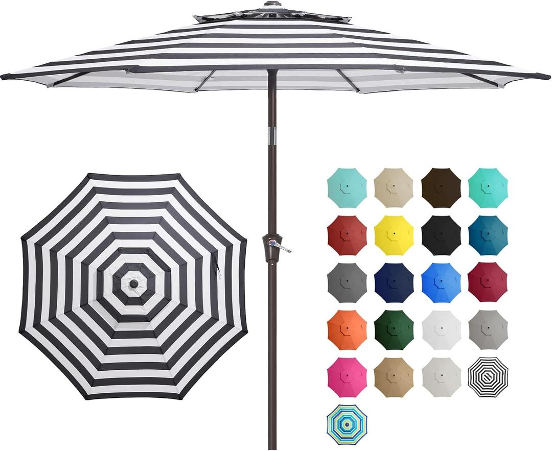JEAREY 9' 2-Tiers Patio Umbrellas Outdoor Market Table Umbrella w/Push Button Tilt/Crank, 8 Sturdy Ribs, UV Protection Waterproof Sunproof(Black Stripe)