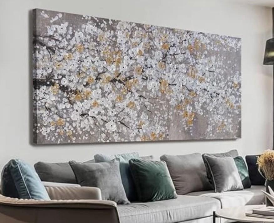 Botanical Wall Art Wall Decor Gold WhiteTree Flower Modern Canvas Art Print Abstract Artwork Pictures For Living Room Bedroom Bathroom Office Home Decor Can Be Hung Directly 24"X 48"