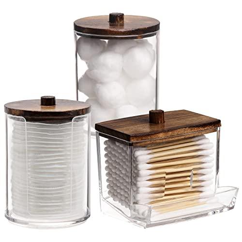Tbestmax Bathroom Organizer Accessories Set-10 OZ Qtips Holder Storage with Wood Lids, Cotton Ball/Swabs Dispenser, Apothecary Container Jar, 3 Pcs