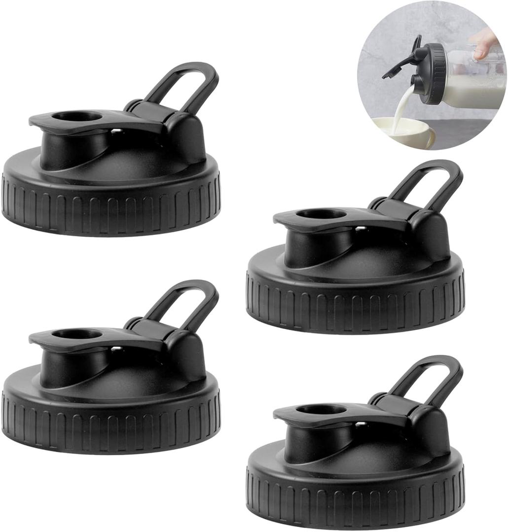 Pour Spout Lids for Ball Wide Mouth Mason Jars, Airtight Canning Jar Flip Cap Top Lid for Drinking, Salad, Dressing Pouring, Leak-Proof, Pack of 4 (Black 4 pcs)