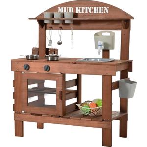 Mud Kitchen for Kids Outdoor, Kids Play Kitchen with Accessories 31.5 in Wooden Play Kitchen Set with Sink, Faucet, Plants Observation Room, Toddler Outdoor Mud Kitchen for Backyard Garden
