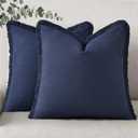 DecorUhome Summer Decorative Neutral Linen Fringe Euro Sham Throw Pillow Covers Set of 2 Navy Blue Pillow Covers with Tassels Soft Farmhouse Boho Accent Pillow Cases for Couch Bed Sofa 24x24 Inch