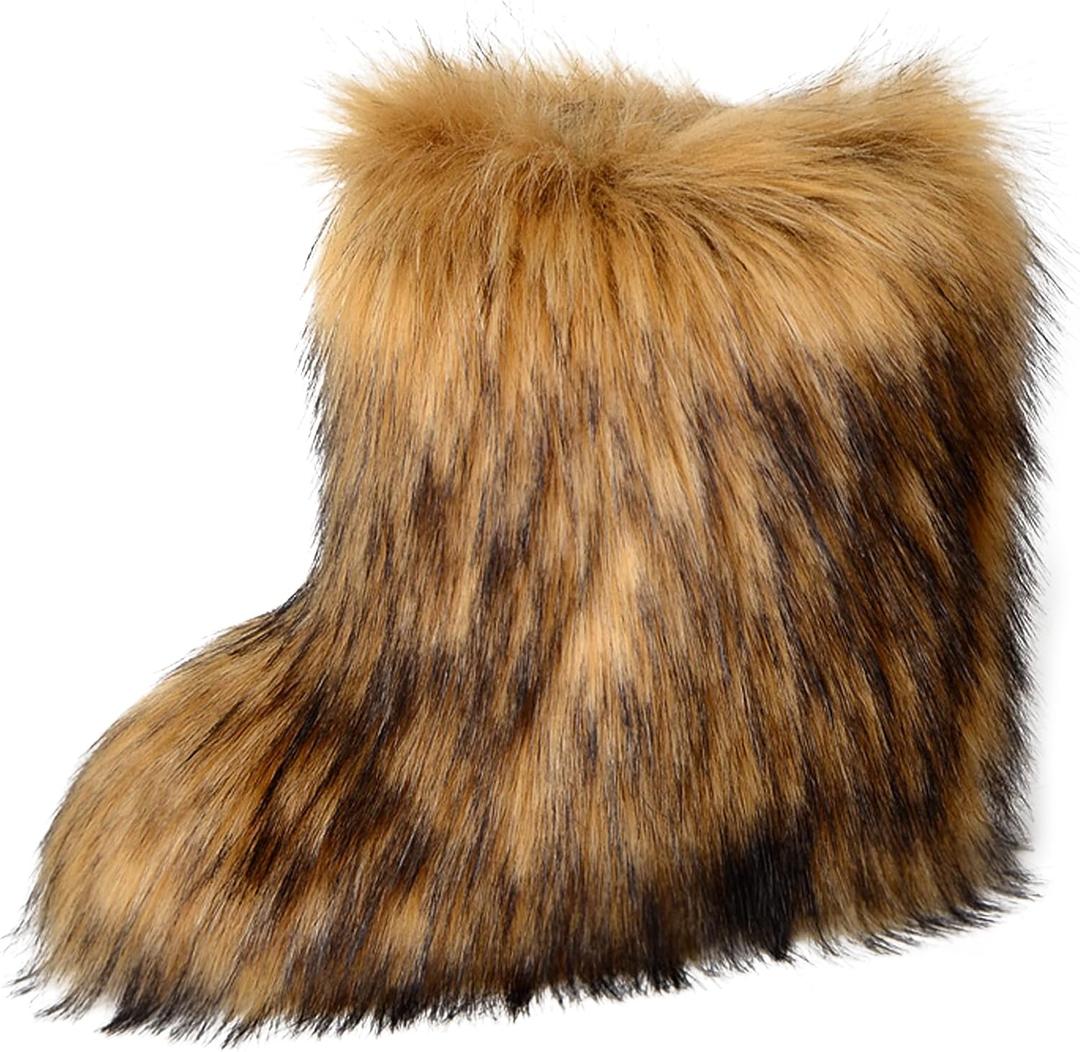 YXCFEWD Fur Boots for Women Winter Fluffy Furry Boots for Girls Flat Heel Snow Boots, 8 Wide (Brown)