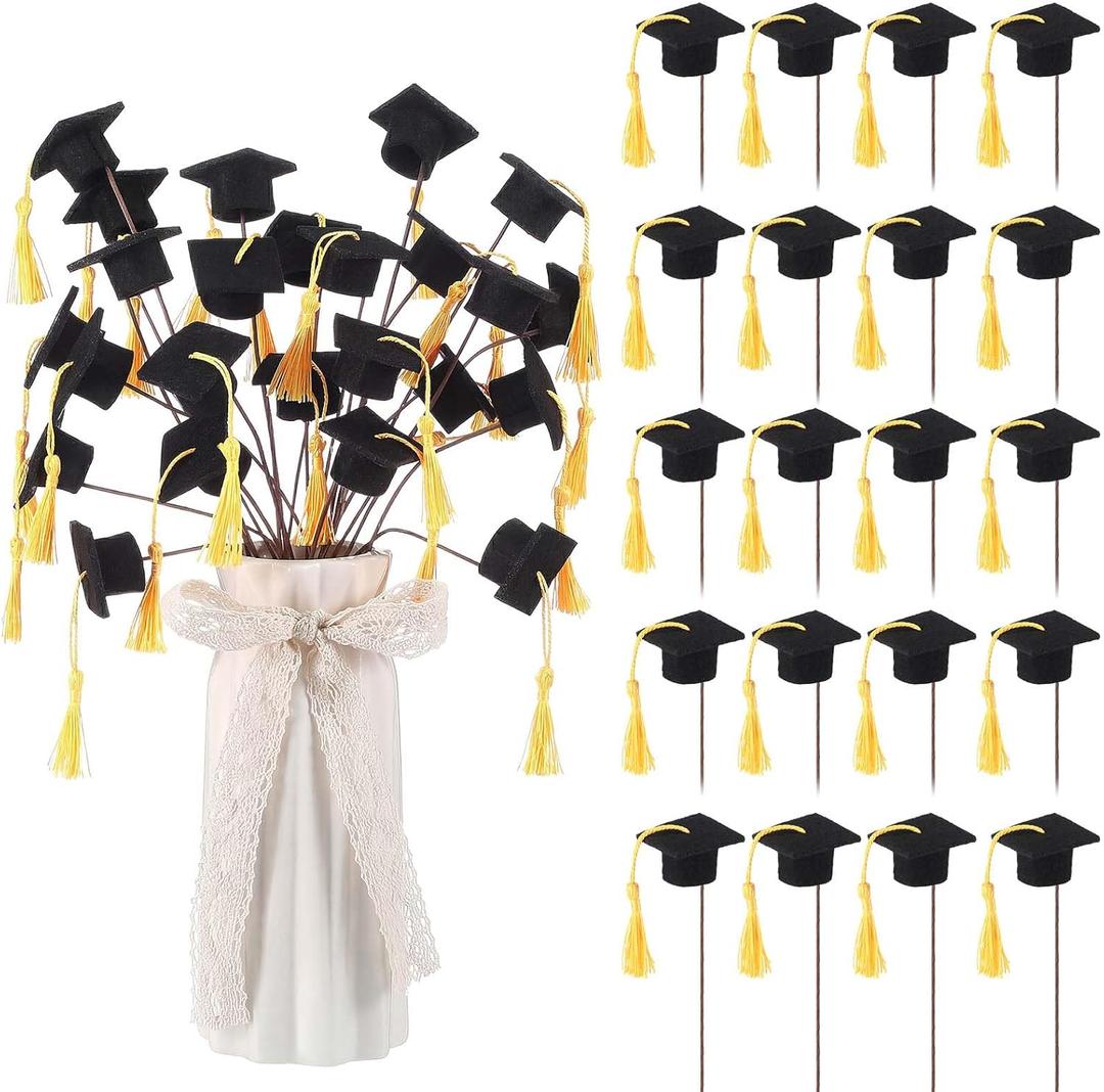 Suncalla 24 Pieces 2026 Graduation Table Centerpiece Stick Felt Graduation Caps with Tassel Grad Centerpieces Sticks for Class of 2026 Grad Party Supplies