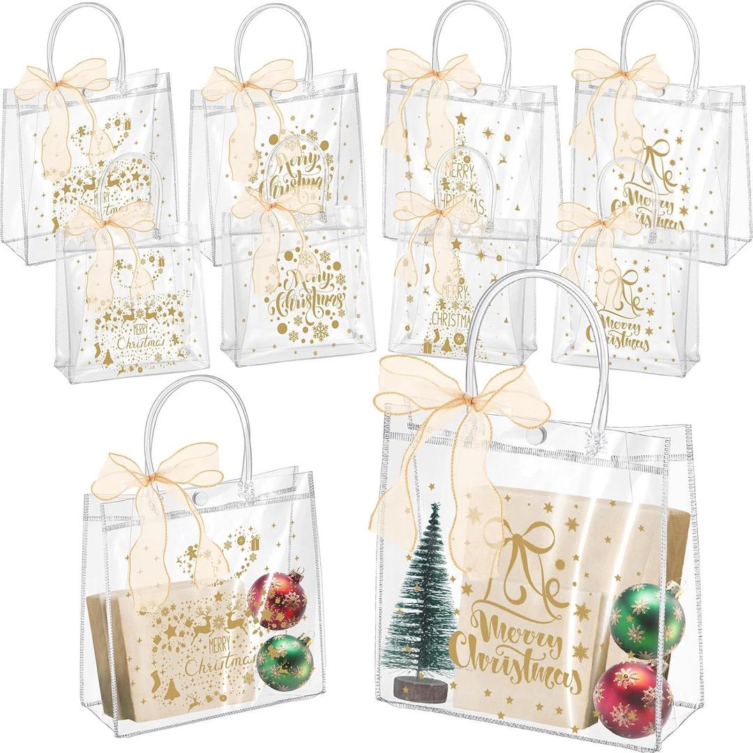 Henoyso 24 Pcs Gold Christmas Clear Gift Bags Plastic Goodie Candy Treat Bag with Handles PVC Gift Wrap Totes with Ribbon for Xmas Party Favors (7.8 x 7.8 x 3.1,12.6 x 9.8 x 6.7)