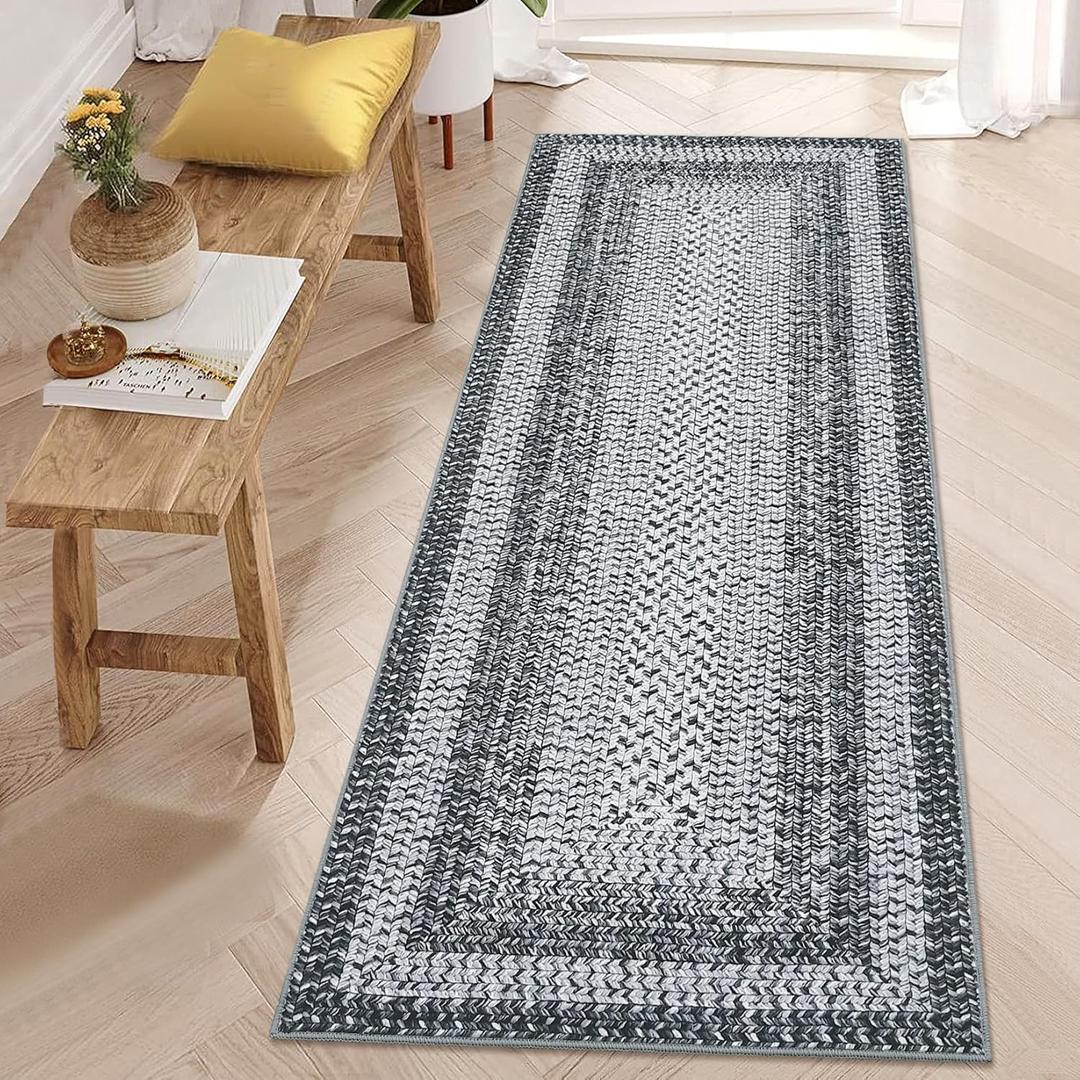 RUGSREAL Runner Rug 2x8 Machine Washable Hallway Rug Entryway Long Runner Carpet Braided Printed Throw Mat Non Slip Kitchen Runner Mat Living Room Rustic Carpet for Bedroom Dining Room, Grey