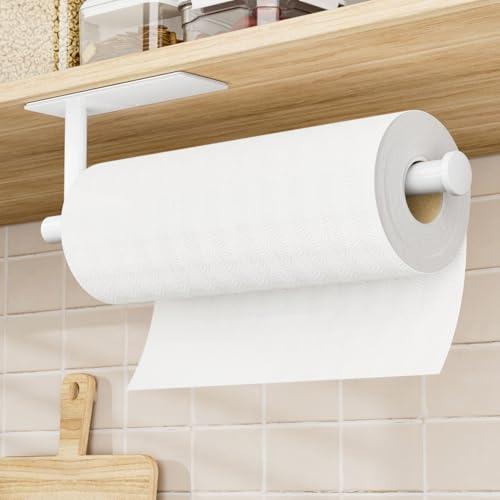 Paper Towel Holder Under Cabinet - 1 Pack Matte White, Self-Adhesive or Drilling Mount, Sturdy Stainless Steel Space-Saving Rack for Kitchen, Bathroom, RV, Rental-Friendly Design