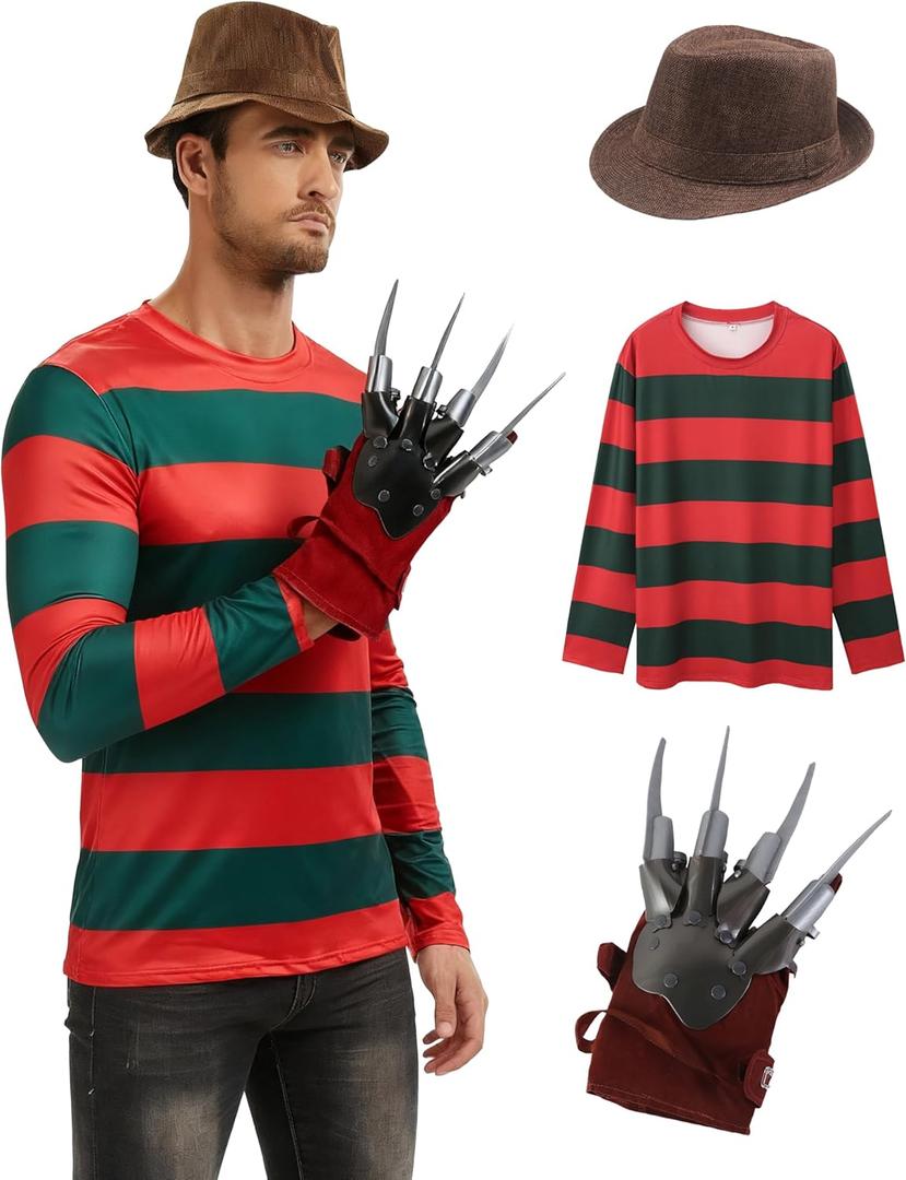 Men Women Nightmare Killer Claw Glove Hat Halloween Fancy Dress Shirt Costume (XX-Large)