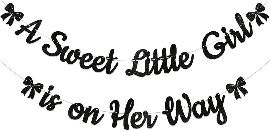 A Sweet Little Girl is on Her Way Banner - Black Bow Baby Shower Decorations, Bow Welcome Baby Party Bunting Sign, Sweet Baby Girl Gender Reveal Decorations Black Glitter