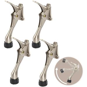 Kickdown Door Stopper 4 Inches - 4 Packs One Touch Adjustable Height Door Stop for The Bottom of Door Zinc Alloy Metal Door Stopper with Rubber Tip & Wall Protectors for Wide Doors Satin Nickel