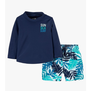 Simple Joys by Carter's Boys' Swimsuit Trunk and Rashguard Set, Navy White Tropical, 18 Months