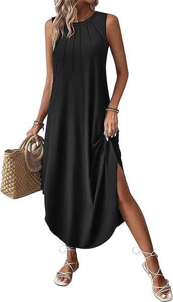 Zeagoo Women Floral Summer Casual Beach Printed Tank Dress with Pockets Pleated Front Long Dress M