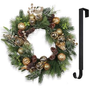 24 Christmas Wreath for Front Door with Lights Hanger Golden Ball Artificial Frosted Evergreen Pine Cones Gilded Forest Foliage Winter Outdoor Dcor Indoor Wall Decorations