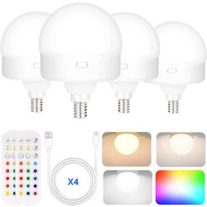 Yochoice 4-Pack E12 Rechargeable Battery Operated Light Bulb with Remote, Dimmable LED Bulb with 15 Colors Selectable & 3 Timer, Wireless Detachable Puck Light Bulb for Wall Sconce, Non-Hardwired