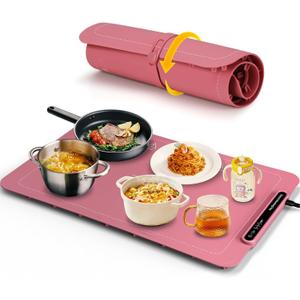 Food Warming Mat, Full Surface Heating Silicone Electric Warming Tray with 3 Level Temperature Settings, Auto Shut-Off, Foldable Roll Up Food Warmer for Parties Buffets, Gatherings (Dark Red)