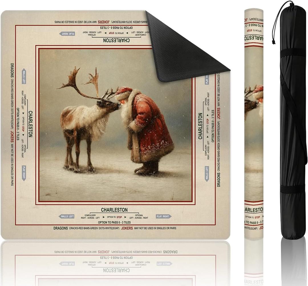Christmas Santa Claus Reindeer Mahjong Mat 31.5in with Carry Bag, 31.5 x 31.16 inches
