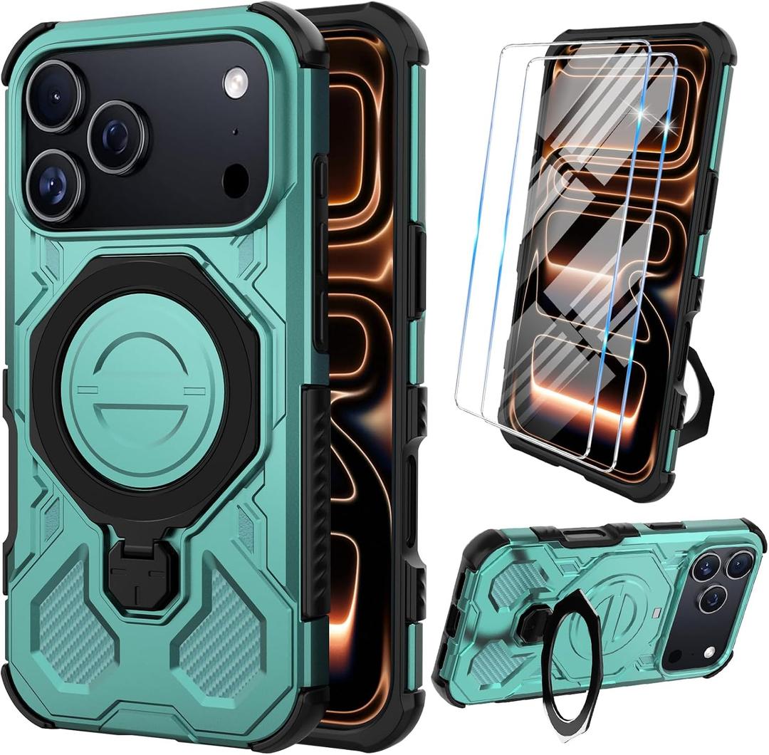 Vaki for iPhone 17 Pro Max Case with Screen Protector, Heavy Duty Military Grade Shockproof Protective Cover 360 Ring Magnetic Kickstand Armor Cell Phone Case for iPhone 17 Pro Max (Green)