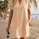 Wenrine Women Swimsuit Coverup Shirt Dress Collared V Neck Short Sleeve Bathing Suit Cover Up Summer Beach Vacation Outfits (Beige)